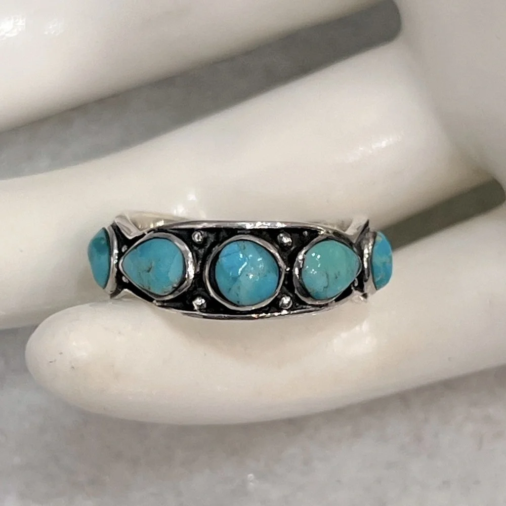 Santa Fe Style Sterling Silver Kingman Turquoise 5 Stone Ring Sz 7